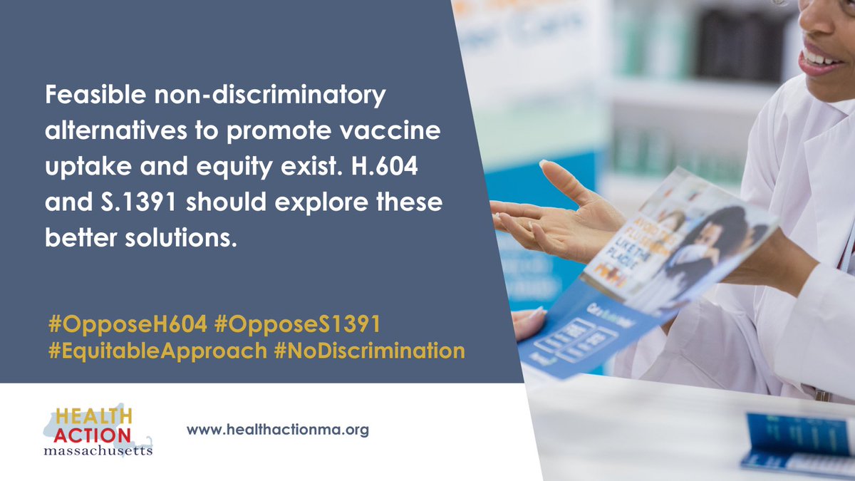 HealthActionMA's tweet photo. Feasible non-discriminatory alternatives to promote vaccine uptake and equity exist. H.604 and S.1391 should explore better solutions. 

#OpposeH604 #OpposeS1391 
#EquitableApproach #NoDiscrimination https://t.co/cFQIhYQGoe