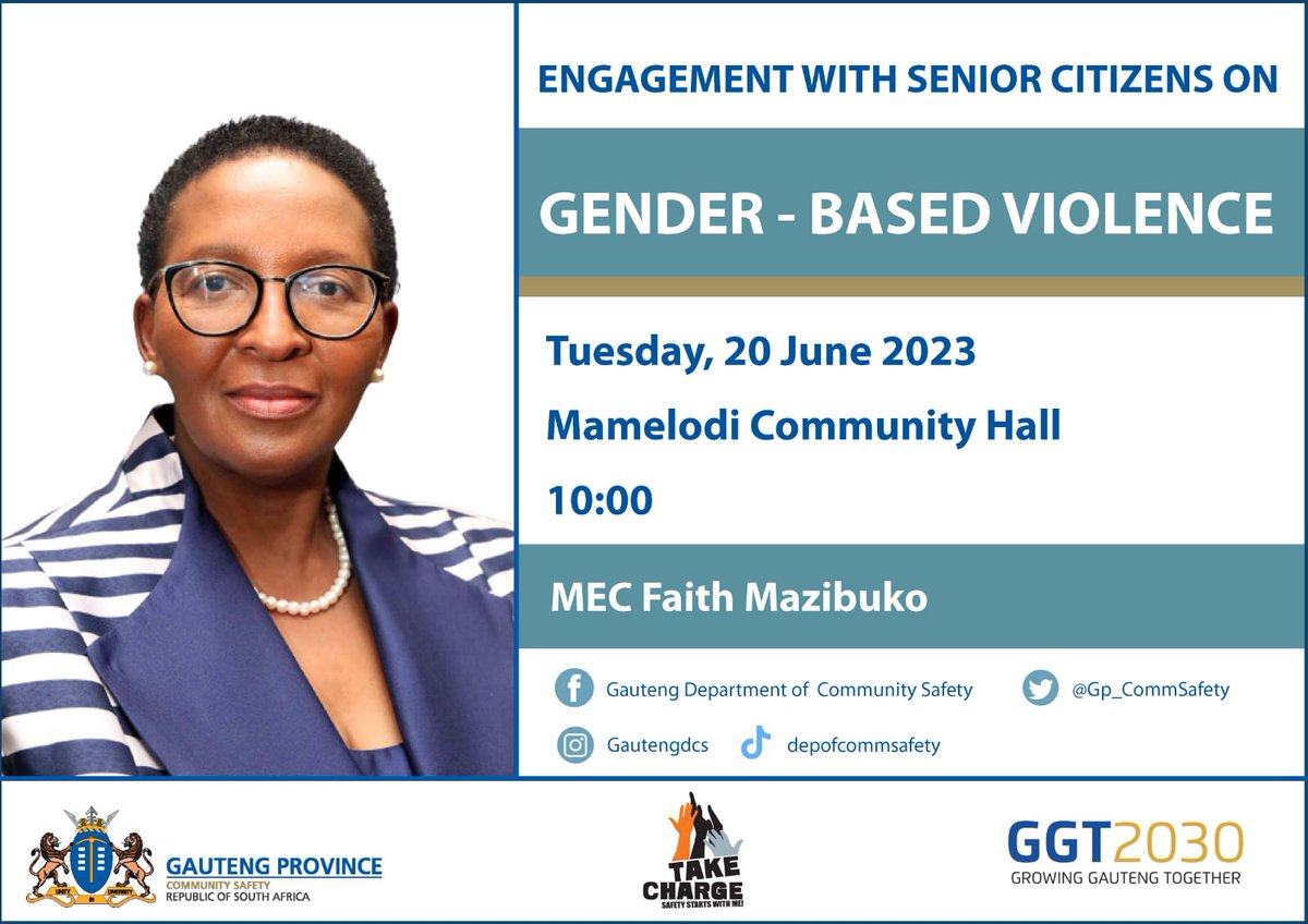 Tomorrow, 20 June 2023 at 10h00am, we will be at the Mamelodi Community Hall for an engagement with senior citizens on gender-based violence. #SaferGauteng #StopGBVF #WarOnCrime