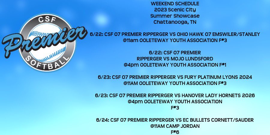 HalleMartin16's tweet photo. Attending the Scenic City showcase with my team @CoachRip2 here is the schedule.
@JURoyalsSB @SoftballRio @KentStSoftball @NDsoftball @MSJSoftball @CoachRip2 @joycewellhoefer https://t.co/Lr3K6ZfRki