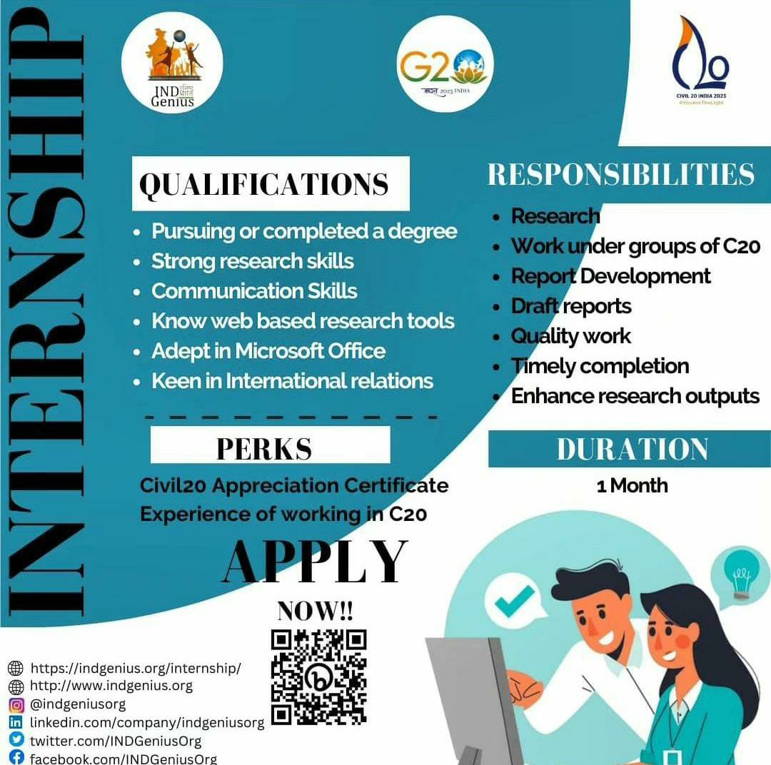 C20EG's tweet photo. CIVIL20-INDGenius INTERNSHIP OPPORTUNITY

Civil20 is excited to announce internship opportunities in collaboration with INDGenius. We are seeking passionate Research Interns to join us.

Register now: https://t.co/7rkntbGyMm

#Civil20India2023 #YouAreTheLight https://t.co/rXGTfrNTTj