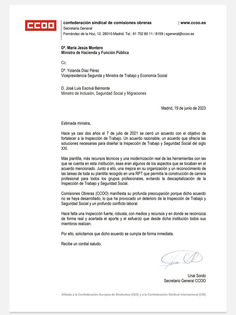 Hoy CCOO por medio de su secretario general <a href="/UnaiSordo/">Unai Sordo</a> ha remitido cartas a <a href="/Yolanda_Diaz_/">Yolanda Díaz</a> <a href="/mjmonteroc/">María Jesús Montero</a> y <a href="/joseluisescriva/">José Luis Escrivá</a> solicitando la modernización de la ITSS y que se lleve a cabo el acuerdo de mejora, por lo que queremos manifestar nuestro agradecimiento al apoyo recibido