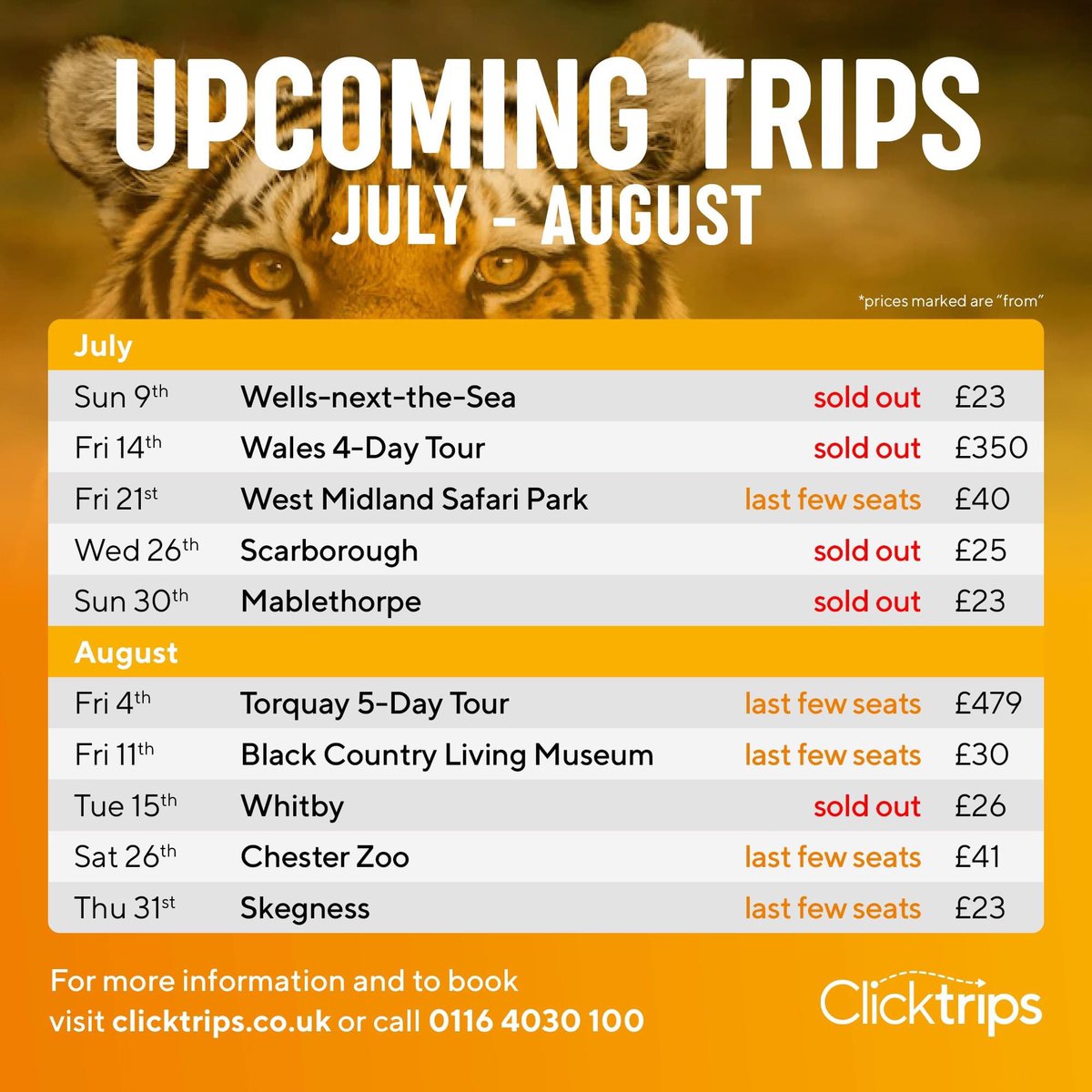 ClickTrips (@clicktripsuk) on Twitter photo Join us for an incredible summer! From the beauty of Torquay to the wildness of West Midland Safari Park, we have something for everyone!
But hurry, seats are limited and many of our trips are already sold out! Book now at clicktrips.co.uk or call us at 0116 4030 100 Join us for an incredible summer! From the beauty of Torquay to the wildness of West Midland Safari Park, we have something for everyone!
But hurry, seats are limited and many of our trips are already sold out! Book now at clicktrips.co.uk or call us at 0116 4030 100