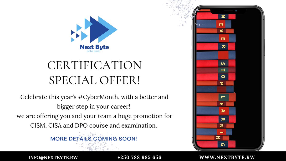 Unlock your career's full potential with our comprehensive CISA, CISM, and DPO courses, 
In preparation of #CyberMonth2023 we have a #Specialoffer empowering you with the expertise to mitigate risks, safeguard your data, and excel in the digital era!

Stay Tune!