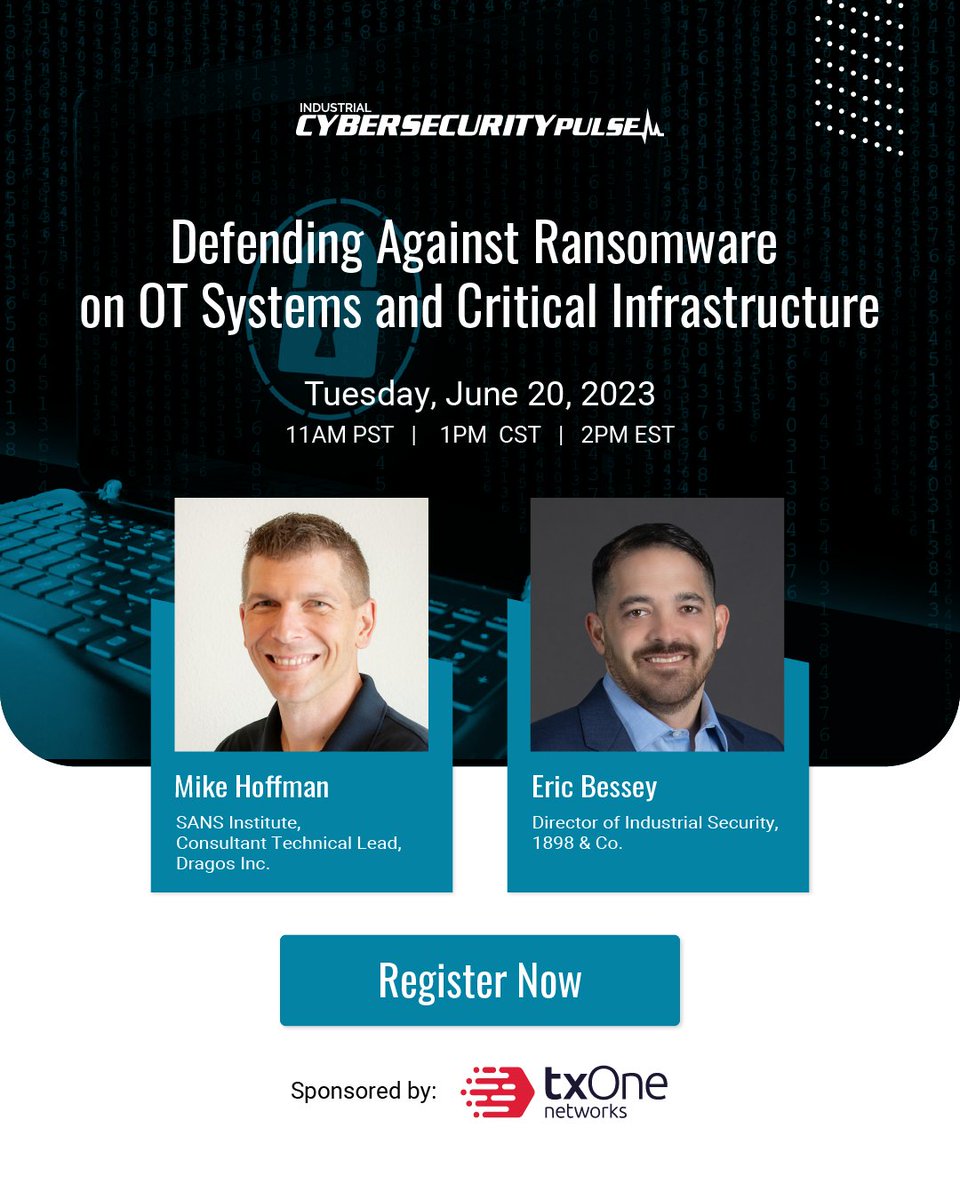 Our  webcast, "Defending against #Ransomware on #OT and Critical Infrastructure," featuring Mike Hoffman of Dragos and Gabriel Sanchez of 1898, takes place tomorrow! Register now to learn about the impacts of ransomware on critical infrastructure:

event.webcasts.com/starthere.jsp?…