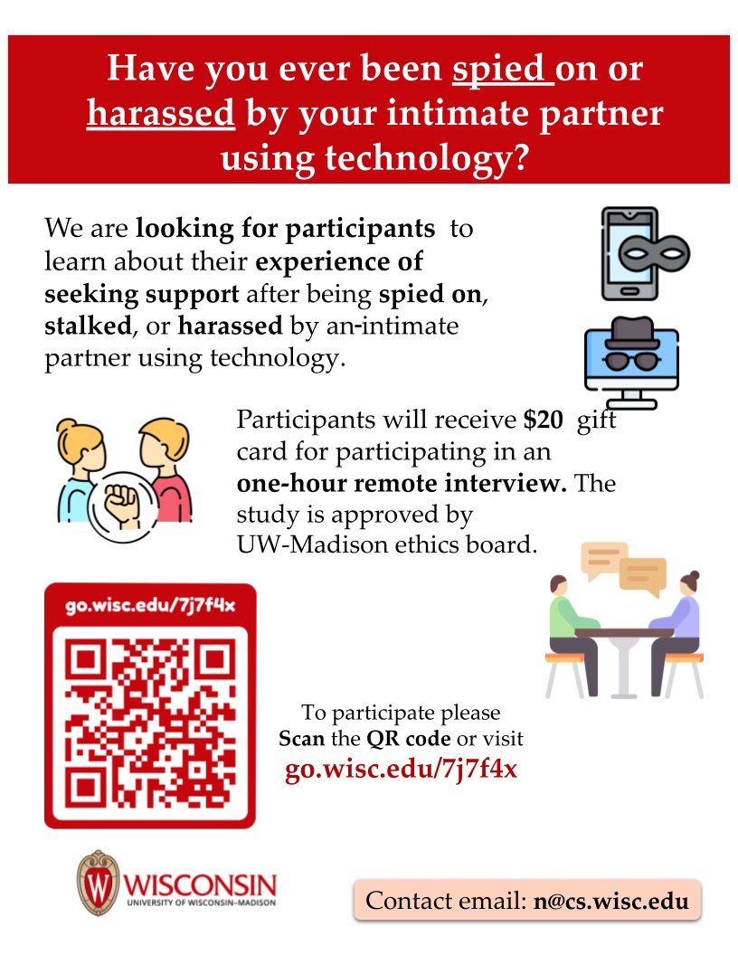 RTs appreciated!

We are conducting a paid study to understand the support-seeking process after facing technology-facilitated abuse - e.g. spying, stalking, and harassment. If you would like to participate, pls sign up.

#ipv #techabuse #domesticabuse #DomesticViolence