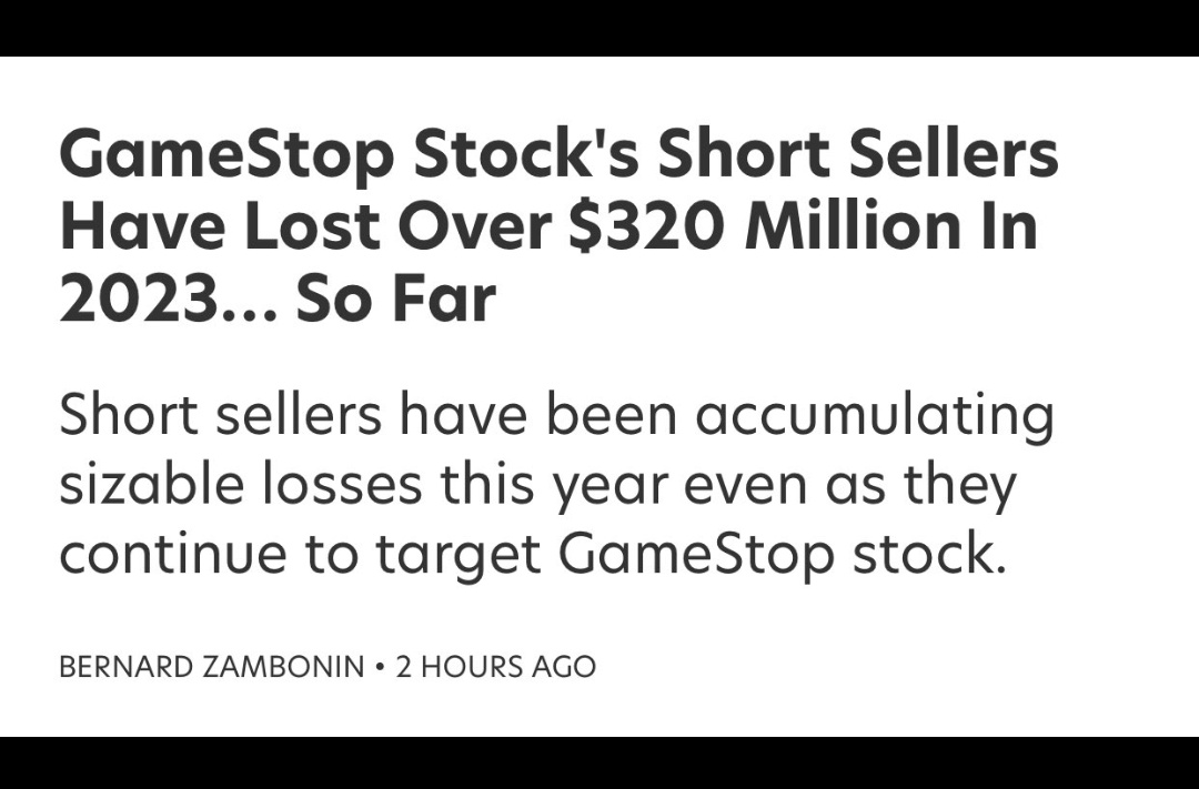 🚨 #BreakingNews 🚨

@GameStop Short Sellers Have Lost $320Million+ In 2023 So Far

Shorts have been accumulating big losses this year even as they continue to target #GameStop

GameStop has outperformed broad market indexes

🚨 Don't Forget To Follow 🚨

#MOASS #DRS #GME 🏴‍☠️💜