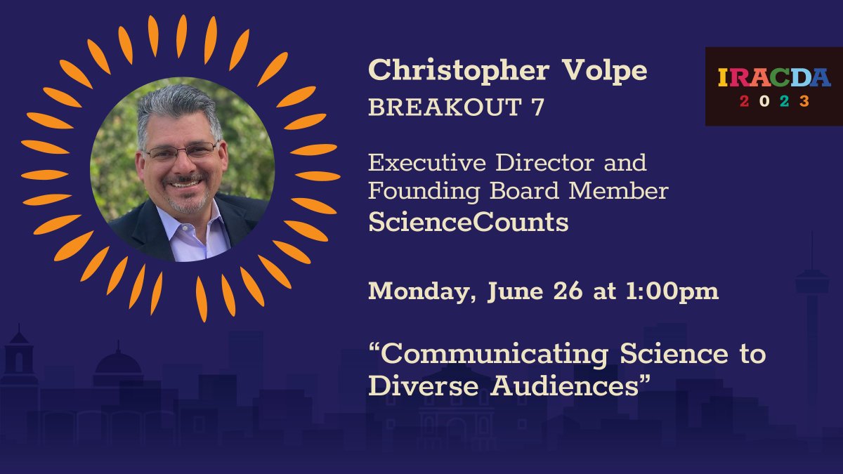 San Antonio IRACDA (@sa_iracda) on Twitter photo Get ready for Breakout Session 7 #IRACDA 2023! Join Christopher Volpe, Executive Director and Founding Board Member, Science Counts for his breakout session on “Communicating Science to Diverse Audiences.” Learn more: bit.ly/3N3auhd <a href="/UTHealthSA/">UT Health San Antonio</a> Get ready for Breakout Session 7 #IRACDA 2023! Join Christopher Volpe, Executive Director and Founding Board Member, Science Counts for his breakout session on “Communicating Science to Diverse Audiences.” Learn more: bit.ly/3N3auhd <a href="/UTHealthSA/">UT Health San Antonio</a>