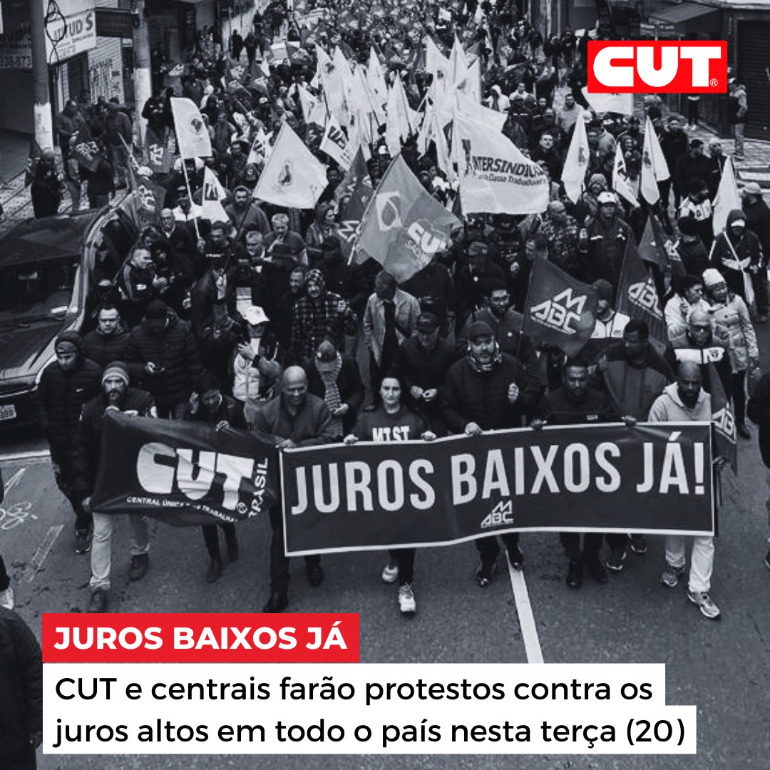 CUT_Brasil's tweet photo. Os atos fazem parte da Jornada de Lutas contra os Juros Altos, que começou na sexta-feira (16), com passeata em São Bernardo do Campo, no ABC Paulista, e ação nas redes sociais. #JurosBaixosJá

Saiba mais: https://t.co/qhx3KA6Ec5 https://t.co/9G2bX2t3On