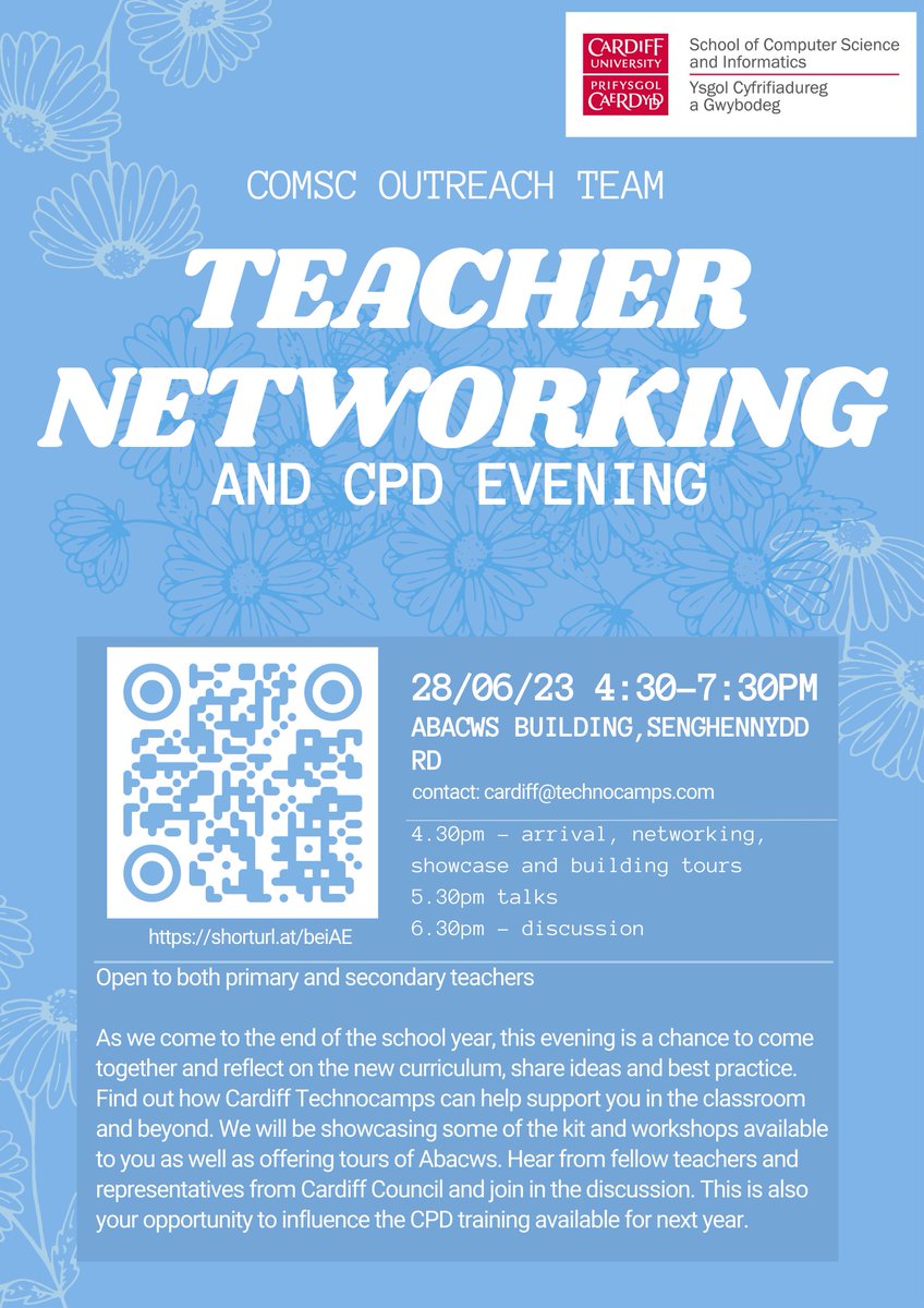 Reminder Alert! On Wednesday 28th June @cardiffuni @CUCompSciSTEM are putting on a free teacher networking & CPD evening for both secondary & primary school teachers. It will be a great opportunity to all get together & finally meet up in person for the first time since Covid-19.