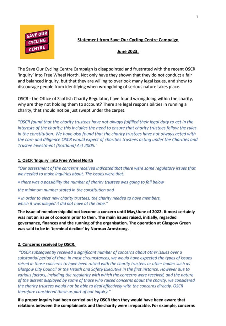 savecyclecentre's tweet photo. After over a year of concerns being raised about Free Wheel North, OSCR finally published their report.And have decided that although they found wrong doing within the charity, they are not going to take action,just going to brush it under the carpet. Here is the SOCC response https://t.co/YOQEM6vZeE