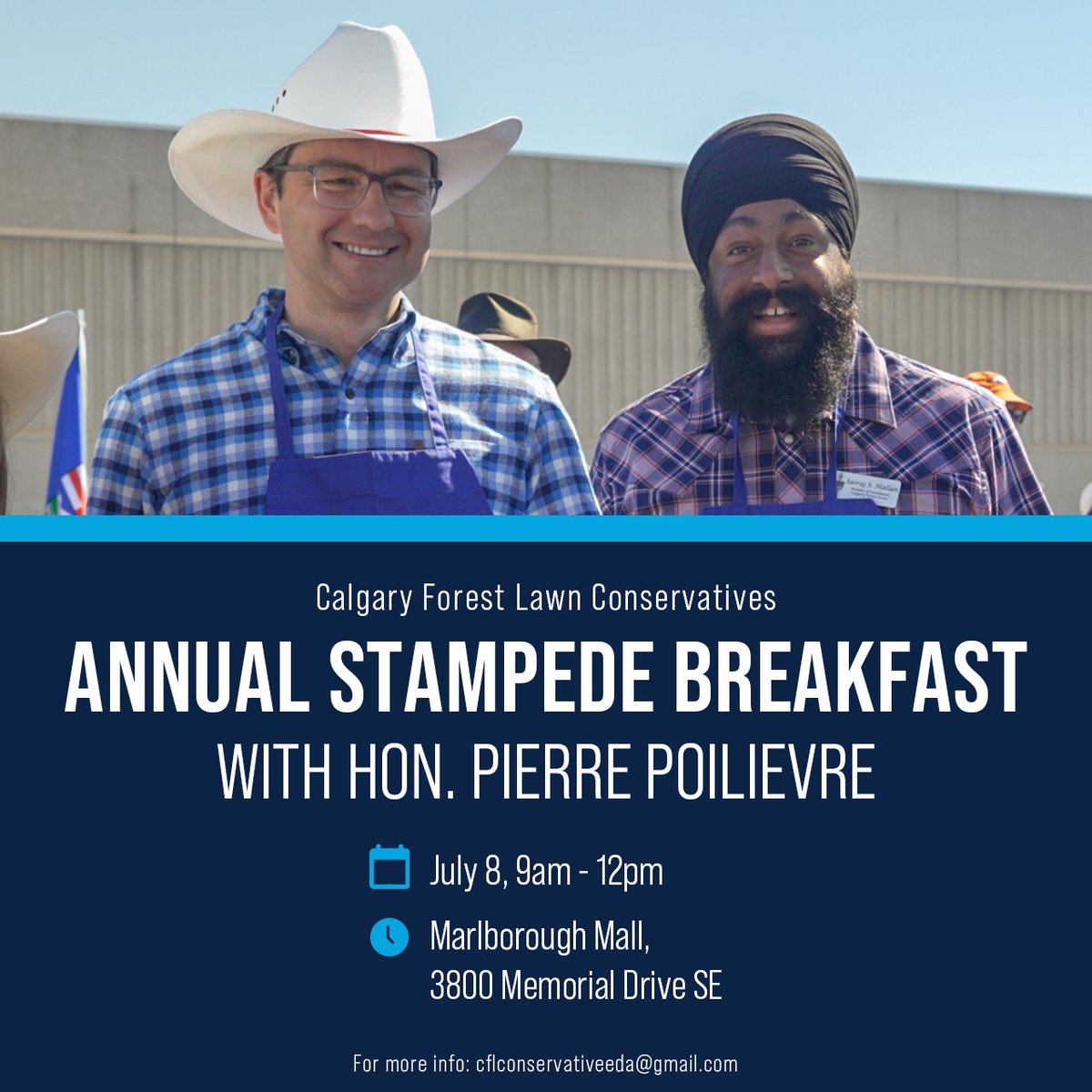 Please join us at our annual Stampede Pancake Breakfast at Marlborough Mall with special guest @PierrePoilievre. 
We always have a great time, so come on down. 
It is July 8 and runs from 9am until 12pm. 
#calgarystampede #pancakes @MaKamiCollege