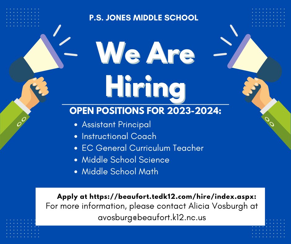PSJMiddle's tweet image. We are hiring! See the listings here: beaufort.tedk12.com/hire/index.aspx or email avosburg@beaufort.k12.nc.us
