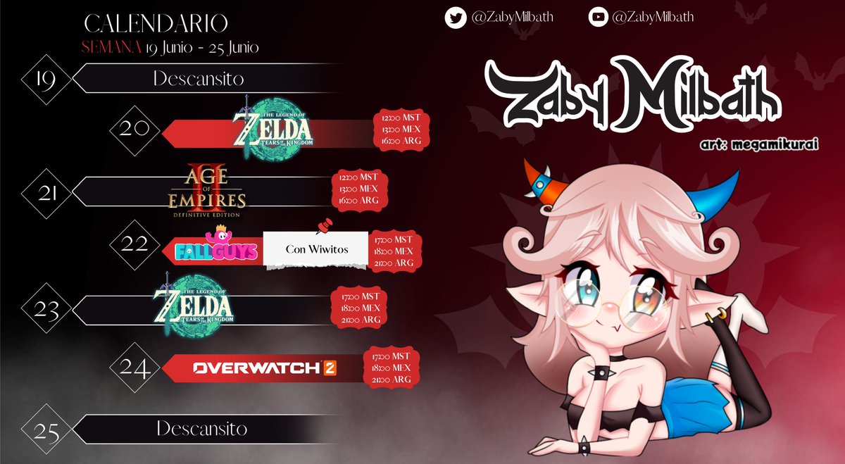 ZabyMilbath's tweet photo. 👑Calendario de la semana👑
              |19 Jun - 25 Jun|

Inicia el arco de entrenamiento.

🔴Solo por YouTube: https://t.co/d7tVIsB48g 

TAGS👑:
💓General: #Zaby
👑Live: #Zabylive
💓Art: #Rulezaby
👑Memes: #Lactomemes

|El horario está sujeto a cambios| https://t.co/BM9RXuy9nK