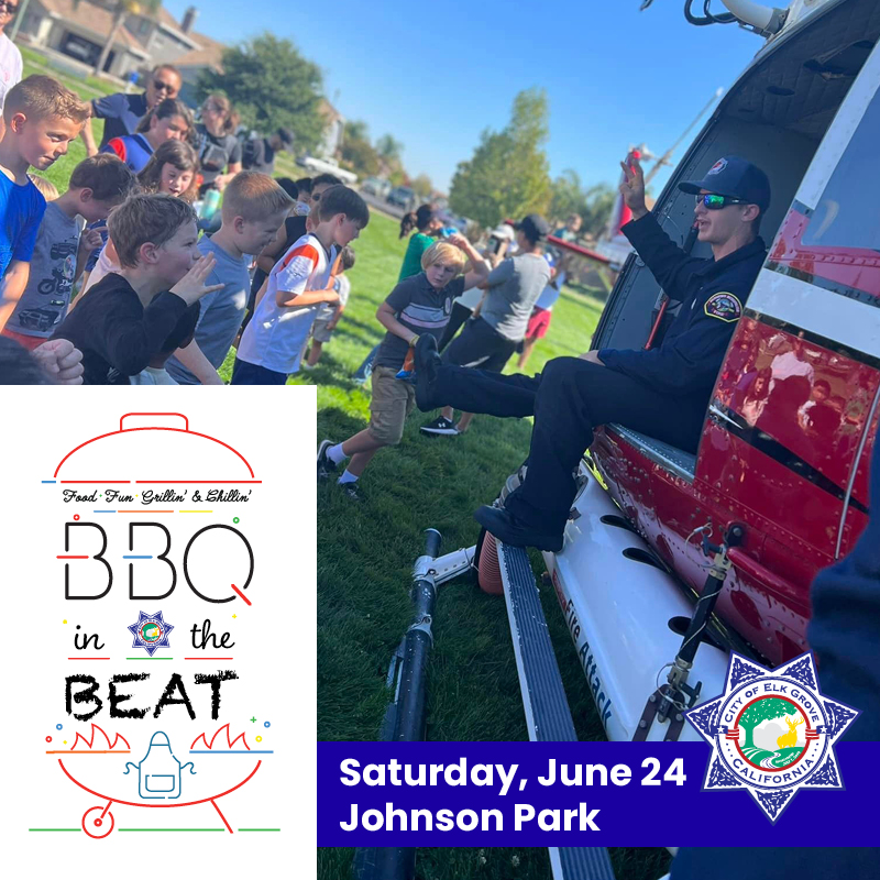 ElkGrovePD's tweet photo. Get ready Lakeside/Laguna West area! BBQ in the Beat is back at Johnson Park (9645 Lakepoint Drive) this Saturday, June 24 from 11 a.m. -2 p.m. Come out and enjoy games, a free BBQ lunch, and check out local law enforcement vehicles and equipment. @CosumnesFire  will be there too!

Don’t live on the west side? Don’t worry. Other dates and locations are scheduled in July, August, and September. Stay tuned!