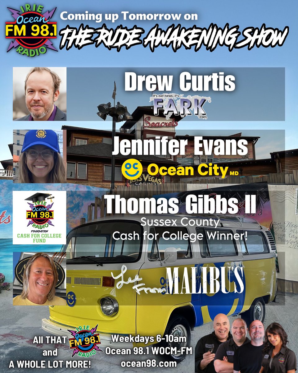 Coming up tomorrow morning! ocean98.com 
#ocean98 #ocmd #enjoyocmd #bulldogsrudeawakeningshow
#voiceofthecommunity #thankyouforlistening #malibussurfshop #anythinggoestuesday #diricksoncreekconstruction #ocean98cashforcollege #itsnotnewsitsfark