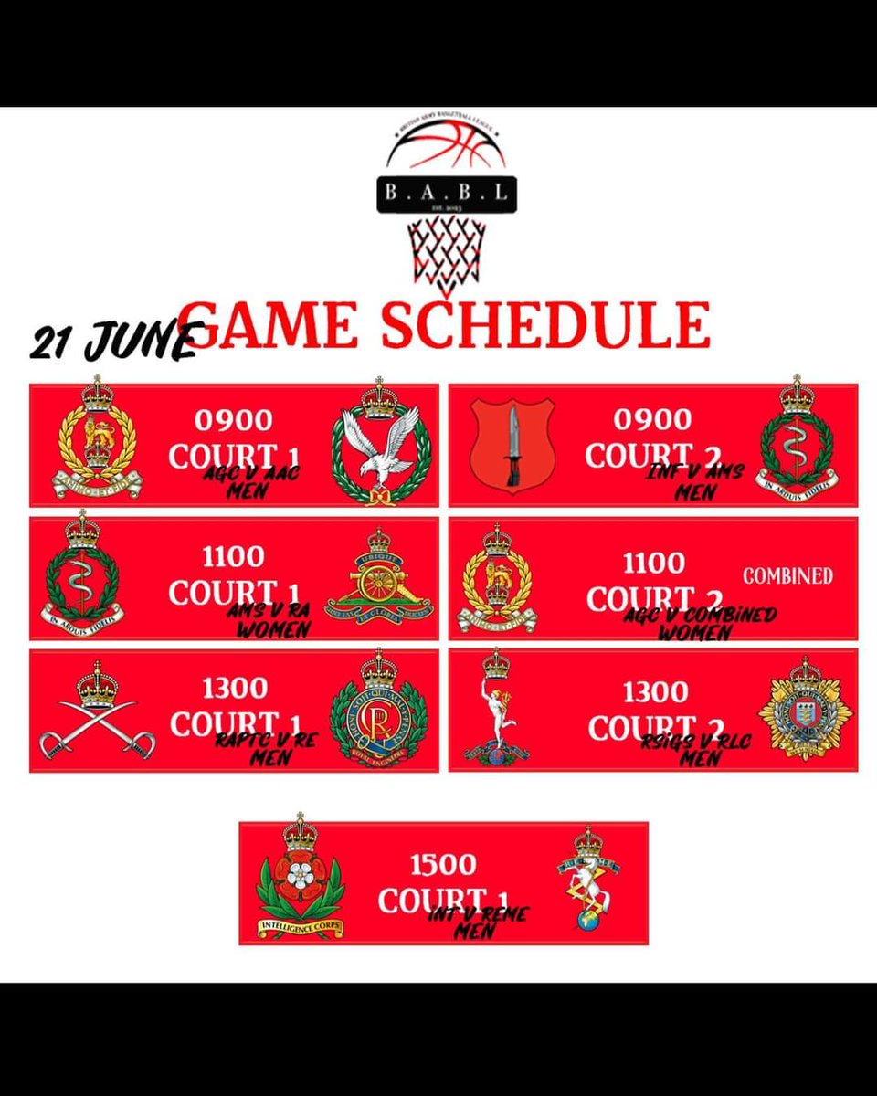 A few amendments to our first round of fixtures.

It's going to be a great day of basketball.  We are looking forward to the first round of the new format and what it means for the development of Army basketball 

<a href="/ArmySportASCB/">Army Sport</a> <a href="/ArmySportsLTRY/">British Army Sport Lottery</a> <a href="/bballengland/">Basketball England 🥇🥈</a>
