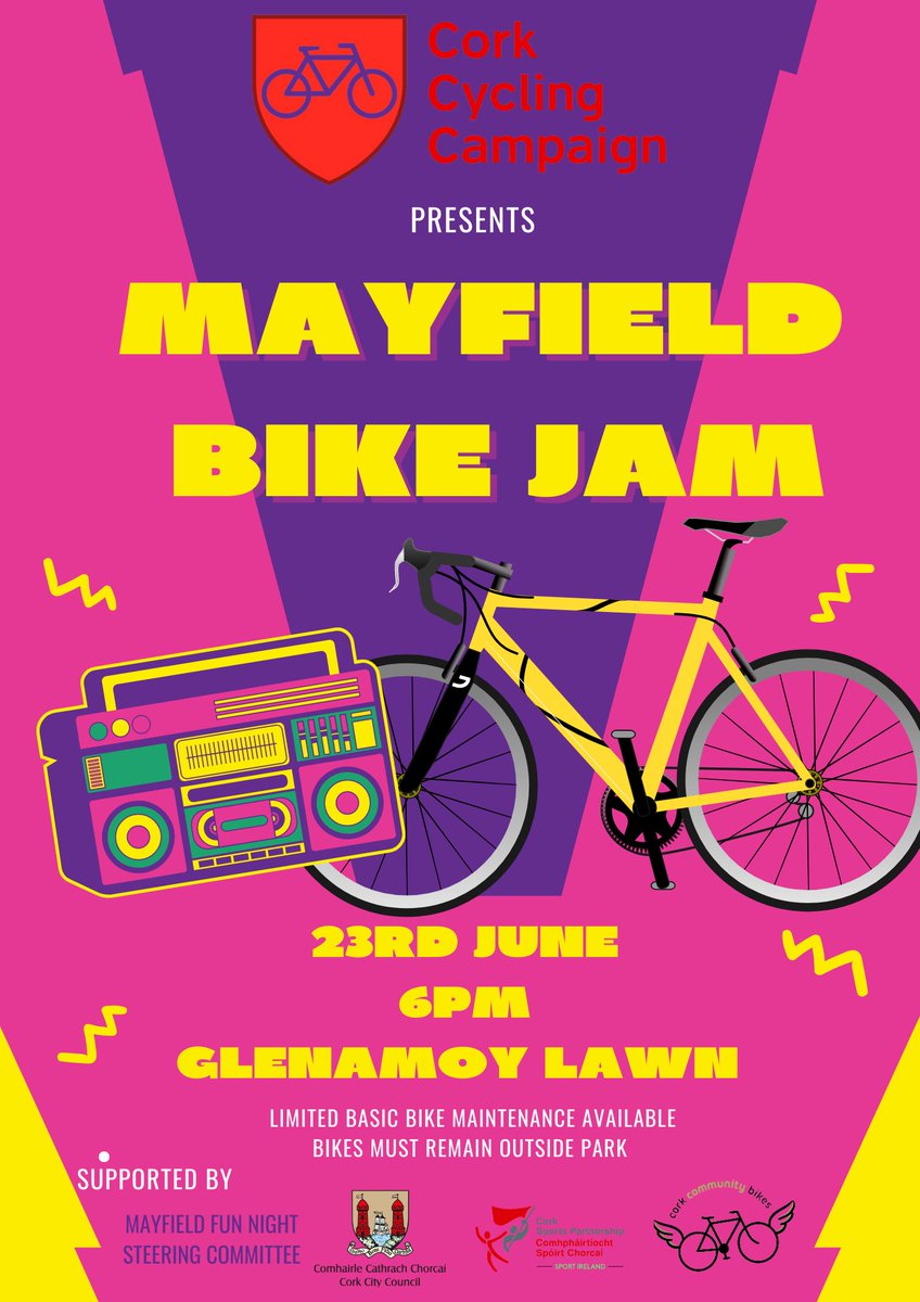 This Friday, we'll be in #Mayfield attending their Summer Fun Night! Join us for a musical cycle with a spectacular view as we journey from Mayfield to the Glen and back. Supported by @corkcitycouncil, @CorkSports and Cork Community Bikes #Cork #BikeJam