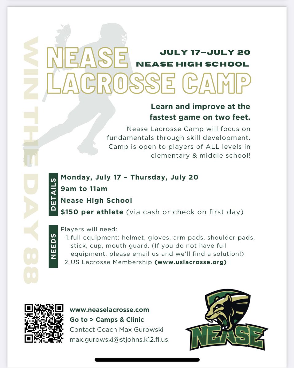 Register today for #NeaseLaxCamp

#YouthSports #SportCamps #Lax #Lacrosse #Nocatee #Jacksonville 

#BB❤️

#WinTheDay88