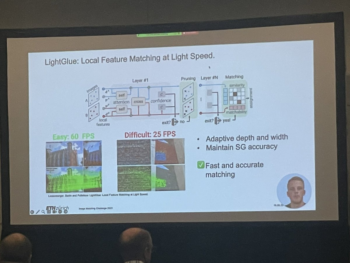 LightGlue from ETH Zurich presented at the image matching workshop. Seems to be a contender with SuperPoint+SuperGlue ! Supposedly, code release is coming soon

#CVPR2023