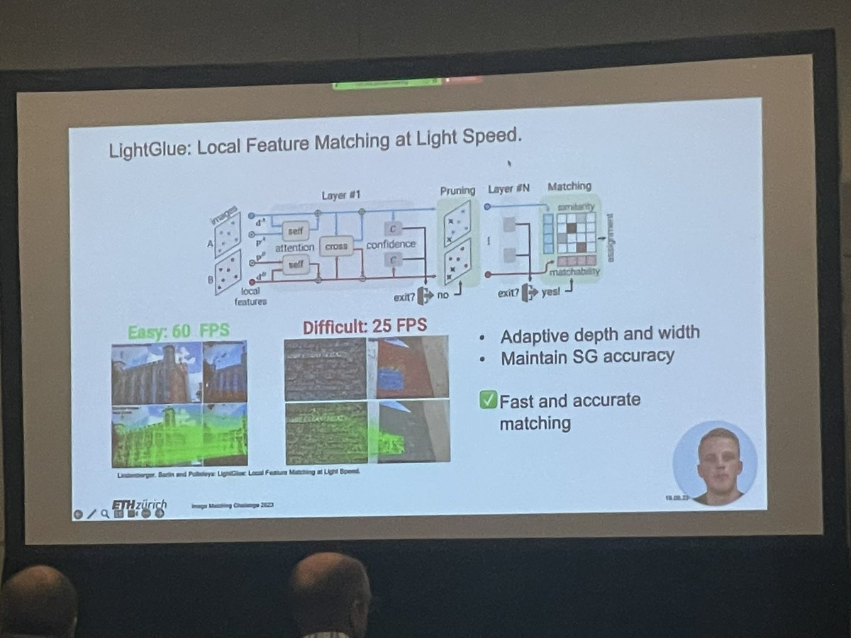 LightGlue from ETH Zurich presented at the image matching workshop. Seems to be a contender with SuperPoint+SuperGlue ! Supposedly, code release is coming soon #CVPR2023