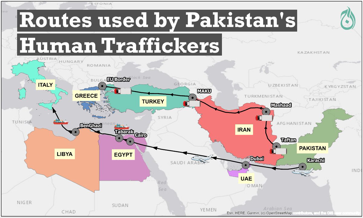 Human traffickers take two different routes to send people from Pakistan to Europe.
(I designed this map for Aaj digital.)
#humantraffickingawareness #GIS #Pakistan #GreeceBoatDisaster
#HumanSmuggling #Europe