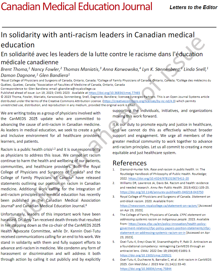 Brent Thoma (@brent_thoma) on Twitter photo The harassment of physician anti-racism leaders in Canada must stop. A statement from representatives of the <a href="/Royal_College/">The Royal College</a> <a href="/CFPC_e/">The College of Family Physicians of Canada</a> <a href="/CMQ_org/">Collège des médecins du Québec</a> & @AFMC_e: journalhosting.ucalgary.ca/index.php/cmej… Huge respect for our colleagues that are leading this work. The harassment of physician anti-racism leaders in Canada must stop. A statement from representatives of the <a href="/Royal_College/">The Royal College</a> <a href="/CFPC_e/">The College of Family Physicians of Canada</a> <a href="/CMQ_org/">Collège des médecins du Québec</a> & @AFMC_e: journalhosting.ucalgary.ca/index.php/cmej… Huge respect for our colleagues that are leading this work.