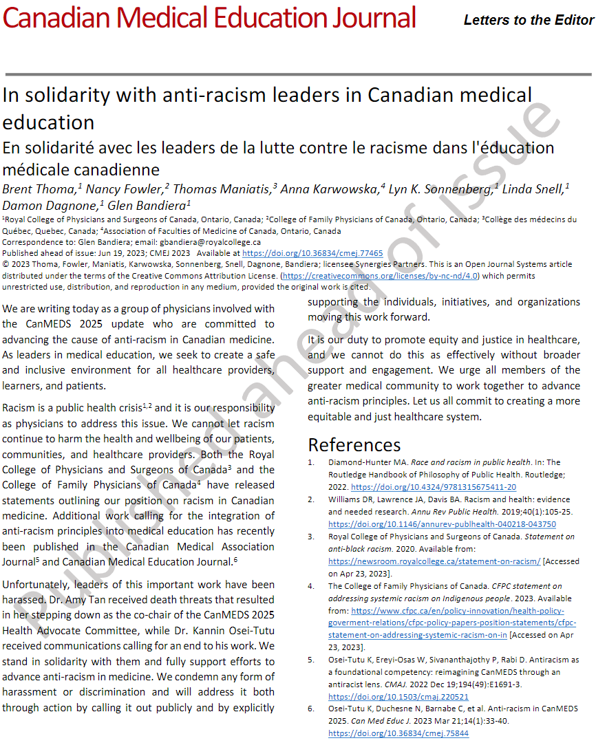 The harassment of physician anti-racism leaders in Canada must stop. A statement from representatives of the @Royal_College @CFPC_e @CMQ_org & @AFMC_e: journalhosting.ucalgary.ca/index.php/cmej… Huge respect for our colleagues that are leading this work.