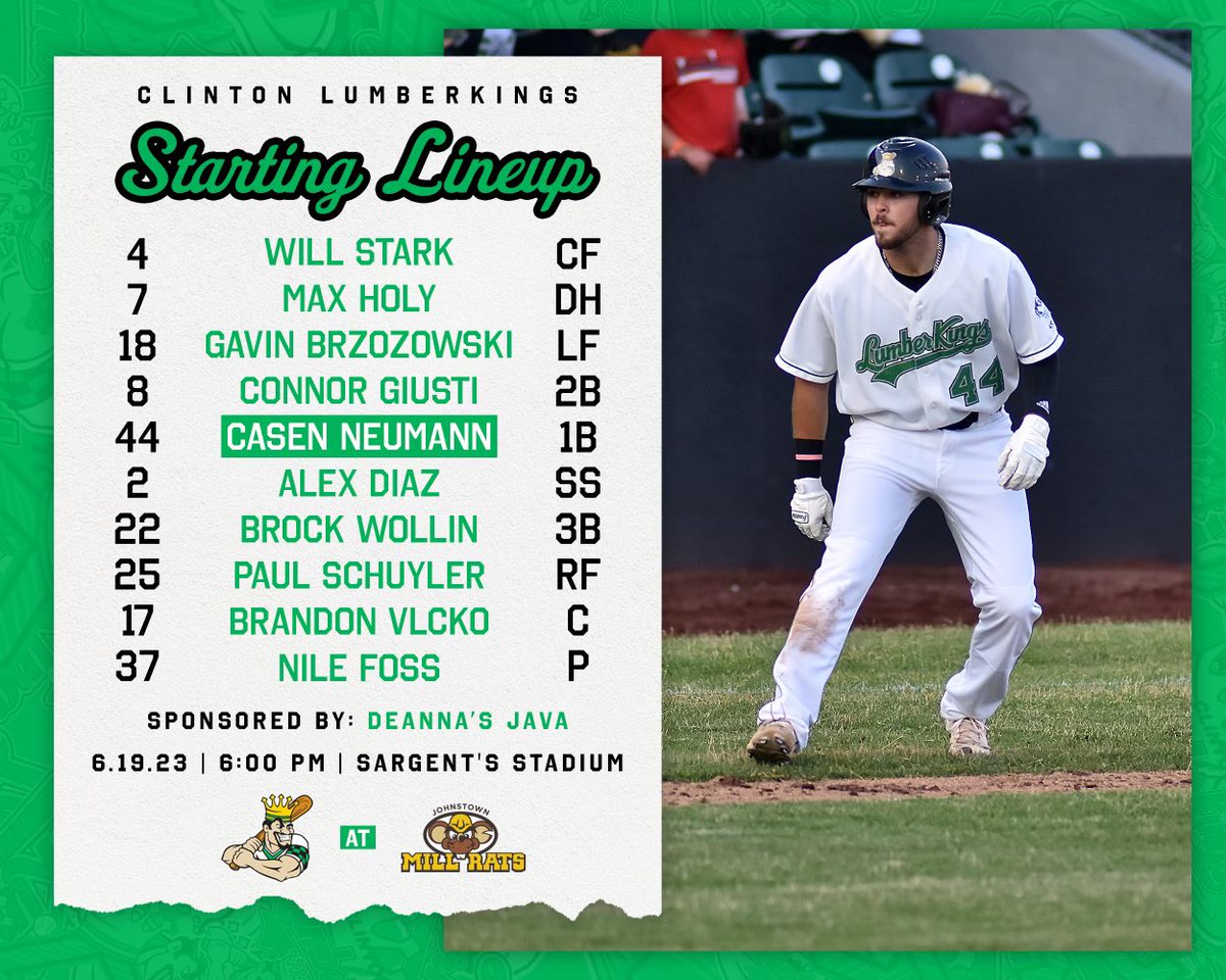 LumberKings's tweet photo. Here’s tonight’s starting lineup as the LumberKings look to even the road trip with their second win in a row and a sweep of the Mill Rats. 

#LumberUp https://t.co/aqkjM6v8r9