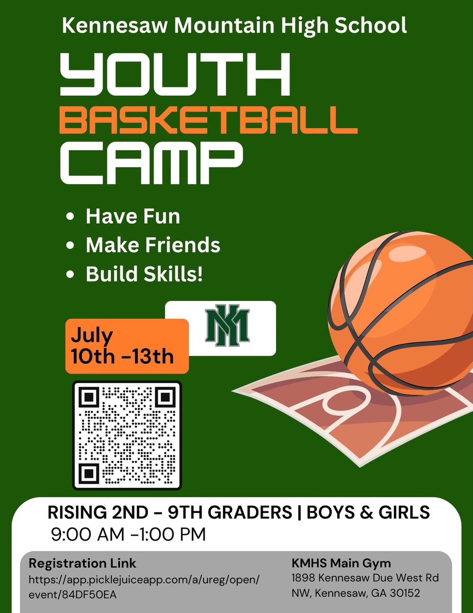 Registration for the 2nd session of the Kennesaw Mountain High School Youth Summer Basketball Camp for rising 2nd - 9th grade Girls and Boys is open! Link in Bio! 🐎 

Email: KMHSbasketballprogram@gmail.com for additional details! #GoMustangs @kmhsmensbball