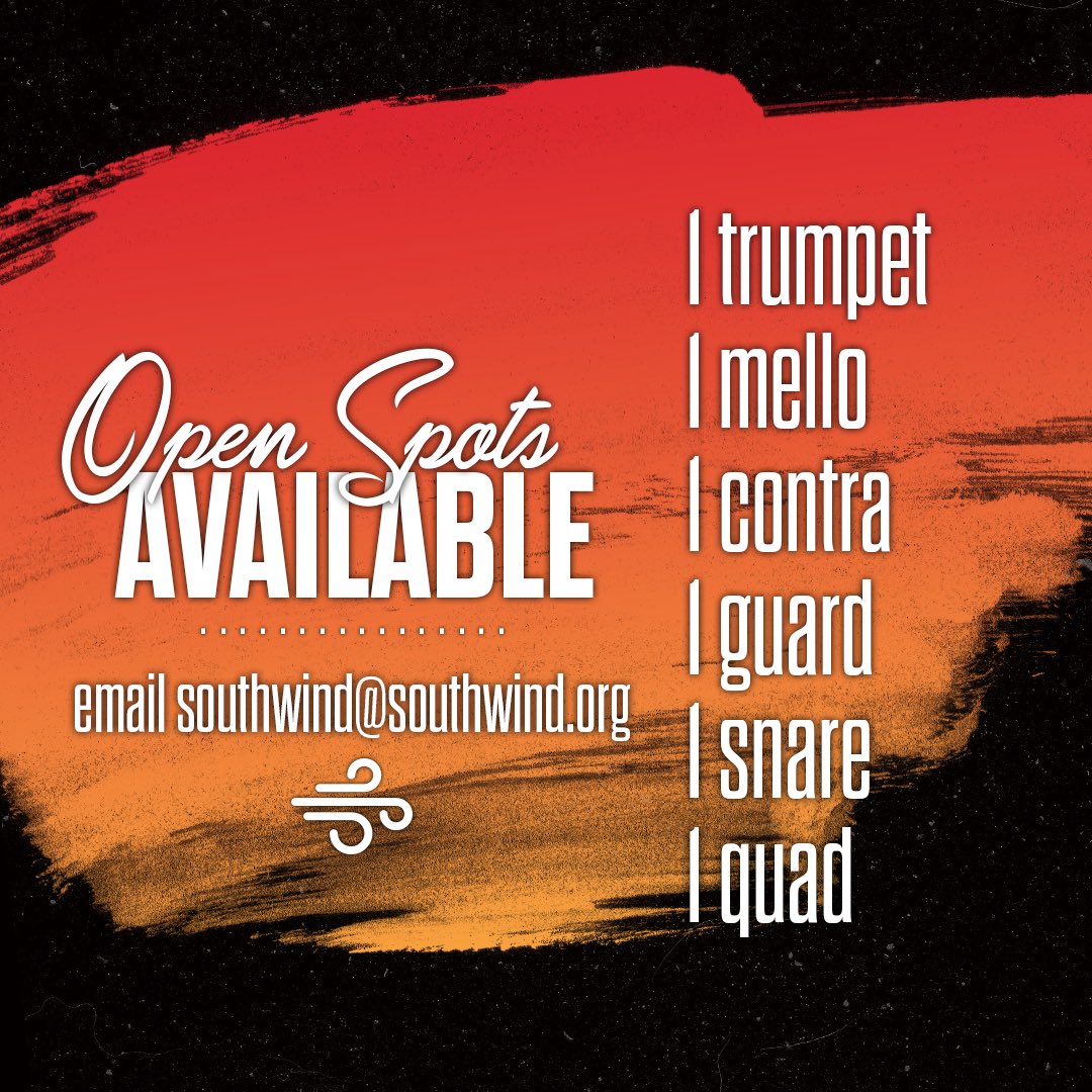 Southwind1980's tweet image. We still have some spots open at Southwind this season! Email southwind@southwind.org if you’re interested! 

#audition #brass #colorguard #drums #drumline #frontensemble #drumcorps #dci #drumcorpsinternational #marchingband #southwind #SW23 #SDUB #LND #ISLD