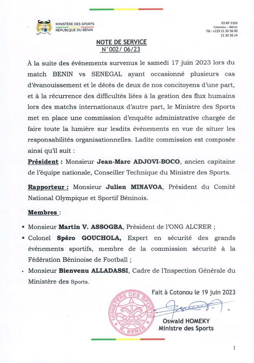 #Wasexo #SportsBenin : 

🛑 Note de service du Ministre des sports relative à la mise en place d'une Commission d'enquête administrative chargée de faire la lumière sur les évènements survenus le Samedi 17 juin 2023 (...)

▶️ Plus de détails dans la note de service ci-jointe 👇🏾