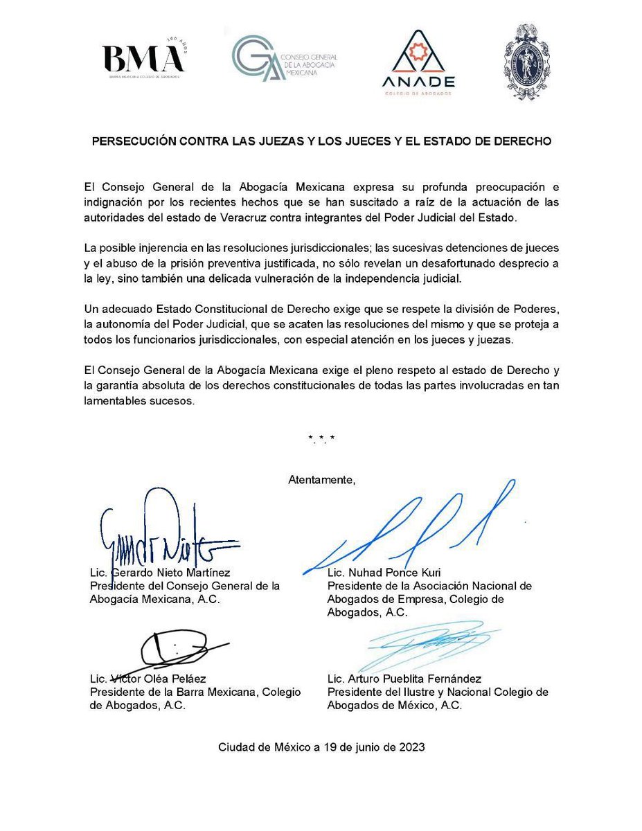 oleavabogado's tweet photo. La abogacía organizada se encuentra firmemente en contra de la persecución de los jueces. https://t.co/zSOd09of5G