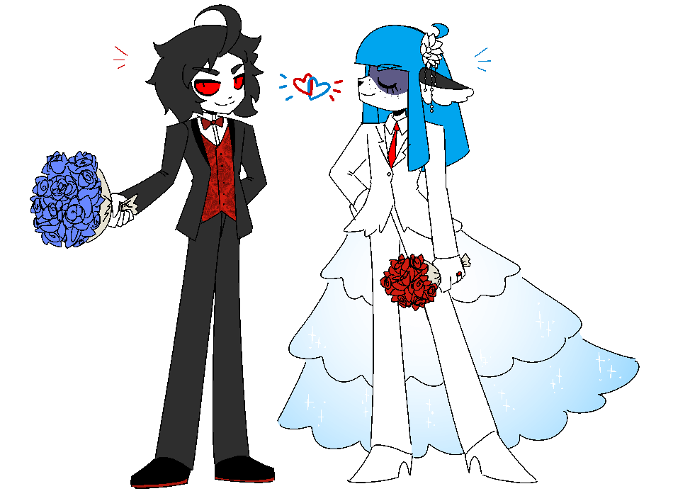 arcadekitt3n's tweet photo. June is wedding month!πSo I drew #Crowvas in wedding outfits! For, you know....whenever they might need them!β€οΈπVasilis couldn't decide on a tux or a dress, so they went with both! (2 versions because I couldn't decide on whether I like a blue or red train better!) https://t.co/VvIXT3JlcF