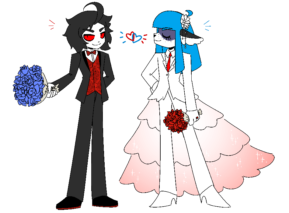 arcadekitt3n's tweet photo. June is wedding month!πSo I drew #Crowvas in wedding outfits! For, you know....whenever they might need them!β€οΈπVasilis couldn't decide on a tux or a dress, so they went with both! (2 versions because I couldn't decide on whether I like a blue or red train better!) https://t.co/VvIXT3JlcF