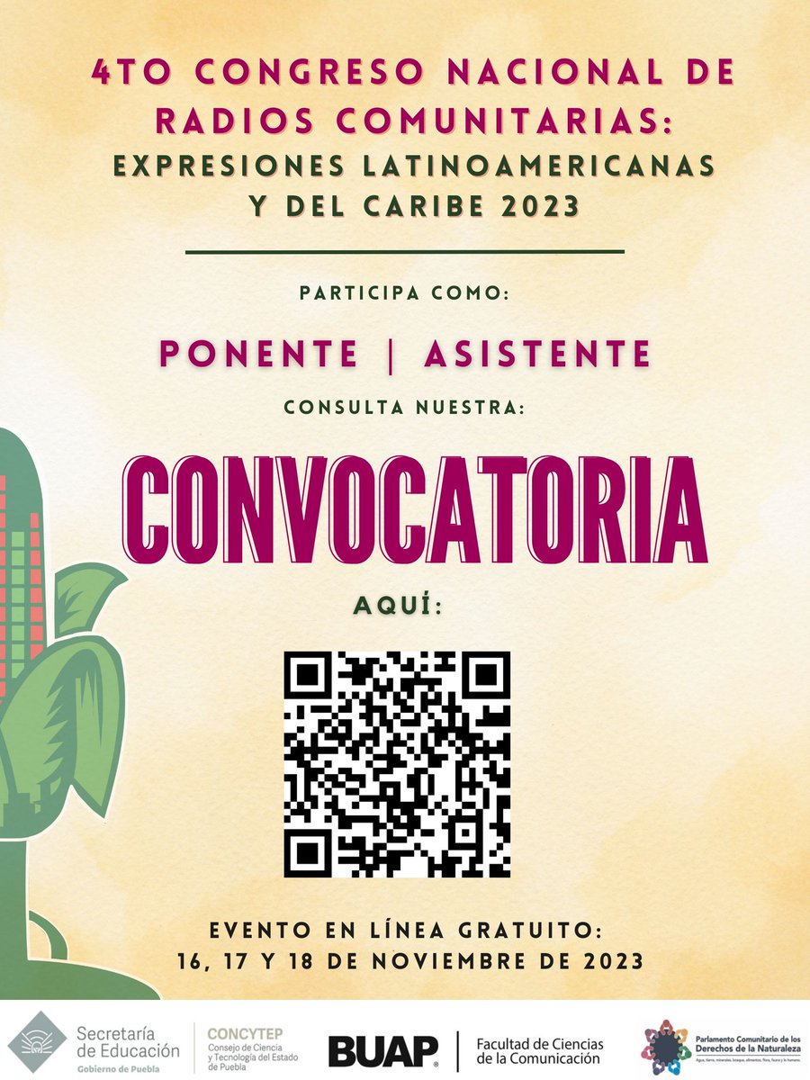¡Consulta nuestra convocatoria y participa en este encuentro!
Escanea nuestro código QR, o bien, da click en el siguiente enlace: acortar.link/yCHwP2
¿Dudas?
WhatsApp: +52 2224 81 26 04
Correo: radioscomunitarias23@gmail.com