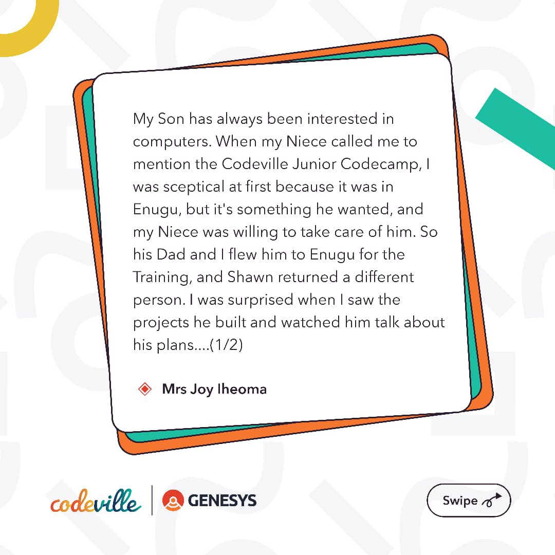 _codeville's tweet photo. Feedbacks keep us inspired and motivated to reach new heights. Thank you for being part of our journey and sharing your experience ☺️

The CodeVille Junior Codecamp Application is ongoing; Click on the link Register your child today 👉🏽 https://t.co/fzDjC9hpA2 https://t.co/Ca2QrXNFoW