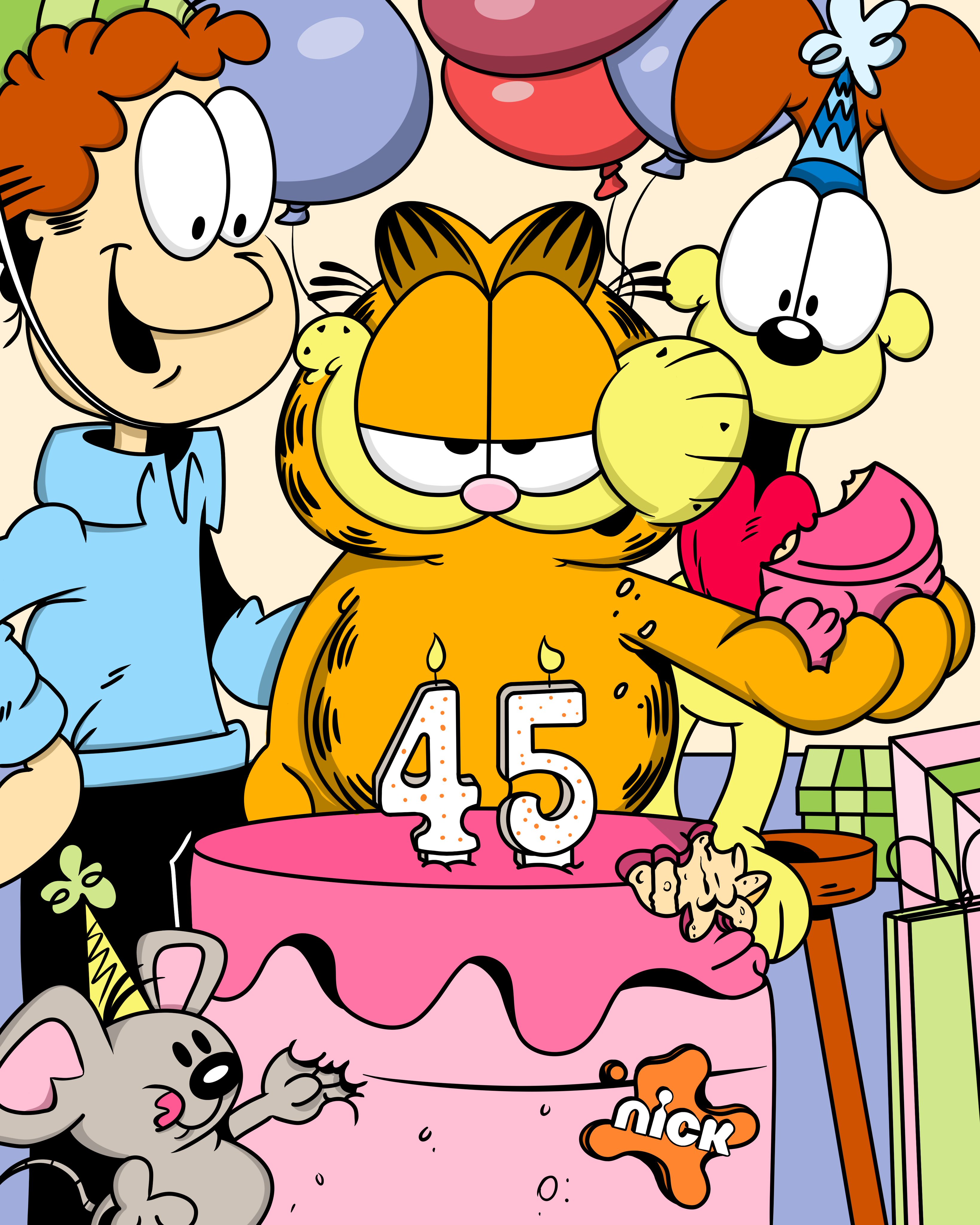 Garfield celebrando sus 45 anos de nacimiento con su amo Jon Arbuckle, el perro Odie, imagen publicada en el twitter de GARFIELD