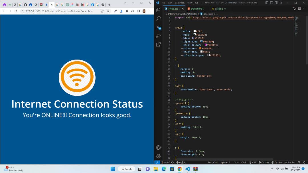 📢 Update: Day 13 of #100DaysOfCode

I built an Internet connection app that instantly displays connection status and notifies when disconnected. Real-time updates ensure users are aware of disruptions and can troubleshoot. Excited for the coding journey ahead! 💻🚀