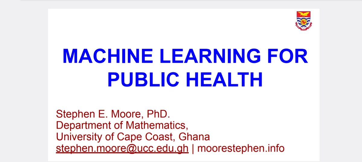 5hour lecture on Machine Learning for Public Health as part of Bill and Melinda Gates foundations support for improving public health in LMICs. I presented from basic introduction theory to practice. #machineforpublichealth #machinelearning #artificialintelligence