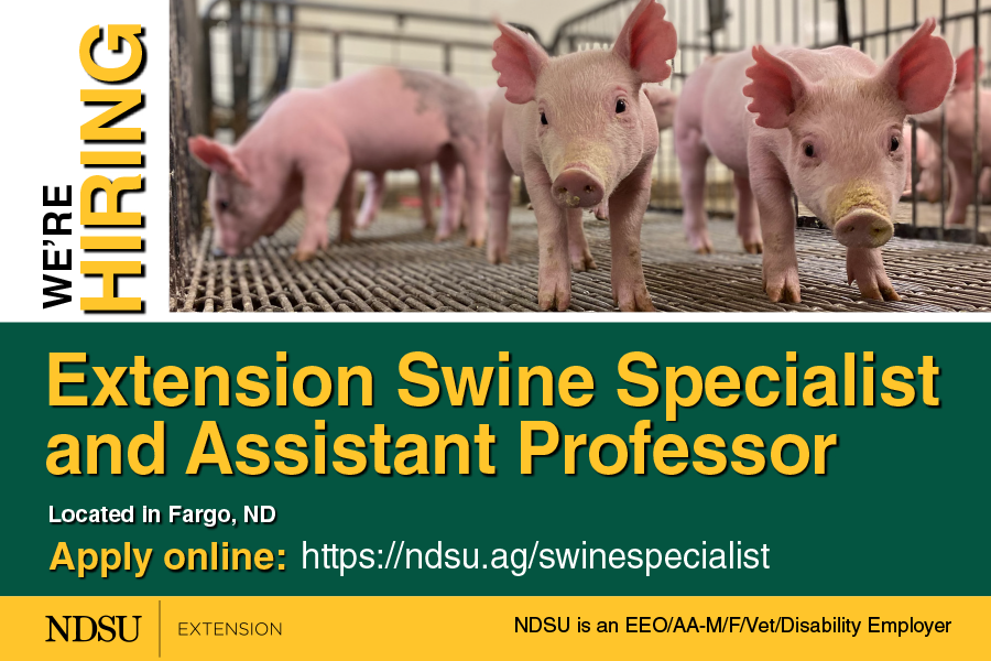 The Department of Animal Sciences at North Dakota State University is pleased to
announce recruitment for a twelve-month, tenure-track 100% Swine Extension at the rank of
Assistant Professor. ndsu.ag/swinespecialist