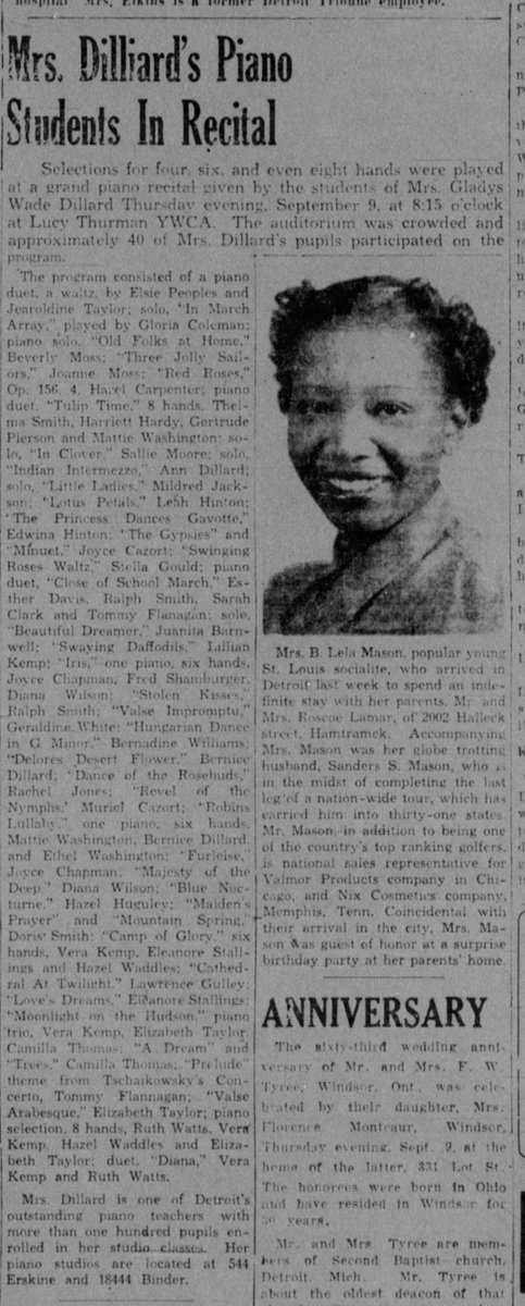 A 13-year-old Tommy Flanagan listed among piano students of Gladys Wade Dillard at a recital in Sept. 943. Dillard (her name is misspelled in the headline) would would also teach Barry Harris, Kirk Lightsey, Alice (McLeod) Coltrane. Detroit Times (African American paper), 1943.