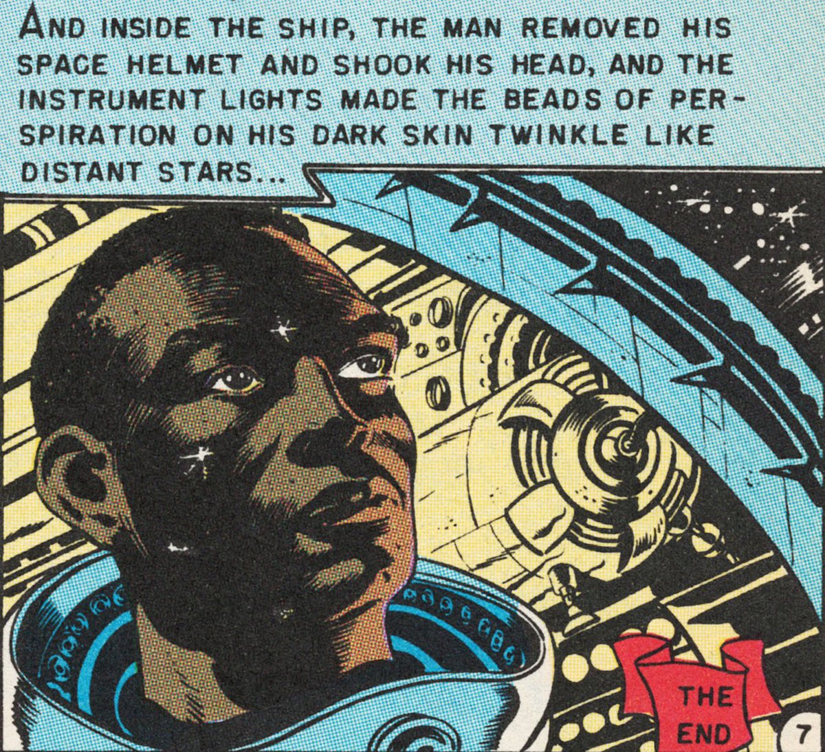 JUDGEMENT DAY, originally published in 1953. Comic Code Administrator Judge Charles Murphy rejected this story because the astronaut was Black. William Gaines, EC’s publisher, ran the story anyway. Art by Joe Orlando.