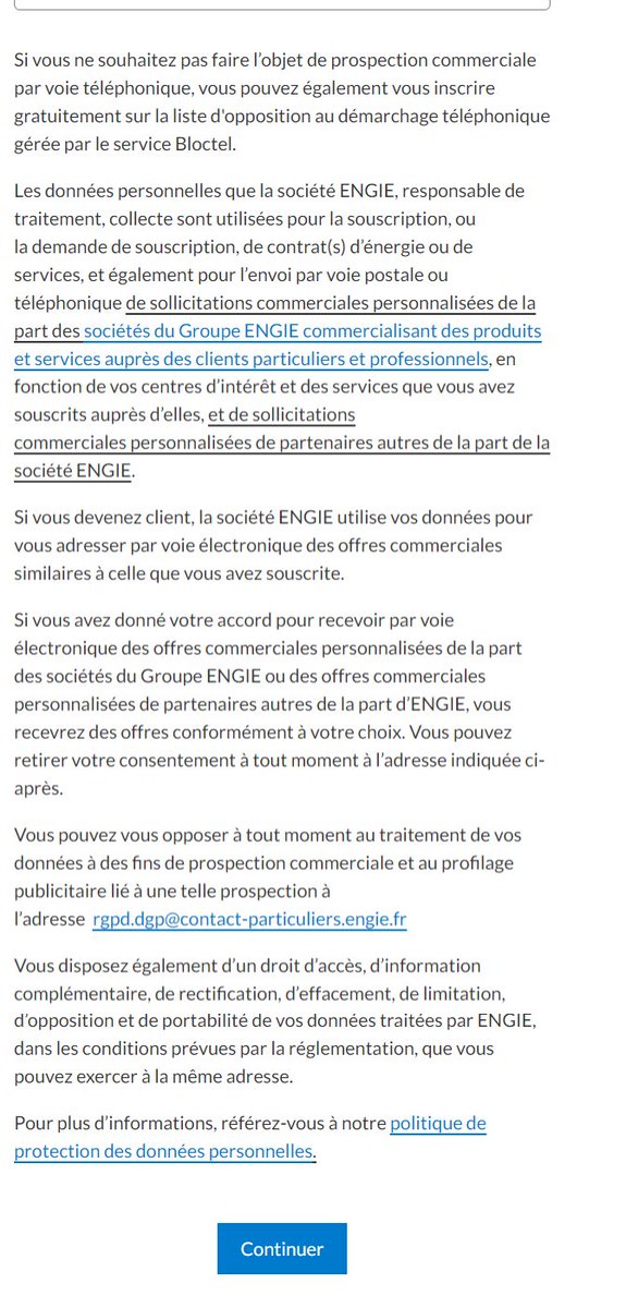 Hello <a href="/CNIL/">CNIL</a> est-ce que c'est ok avec le RGPD qu'<a href="/ENGIEgroup/">ENGIE</a>  ne demande pas un consentement explicite (case à cocher) pour le démarchage et le partage des données personnelles à des entreprises tierces. Et ne fournisse qu'une possibilité d'opt-out par envoi d'e-mail?
