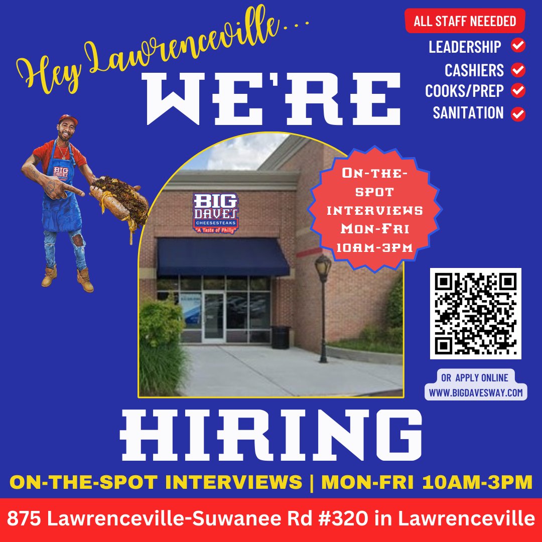 We still have several openings in Lawrenceville. 💪🏾Stop by any day this week for an on-the-spot interview. 

10:00AM-3:00PM
Mon-Fri

875 Lawrenceville-Suwanee Rd #320 in Lawrenceville

Or APPLY ONLINE at bigdavesway.com/careers 

#bigdavesway #wearehiring #HiringEvent