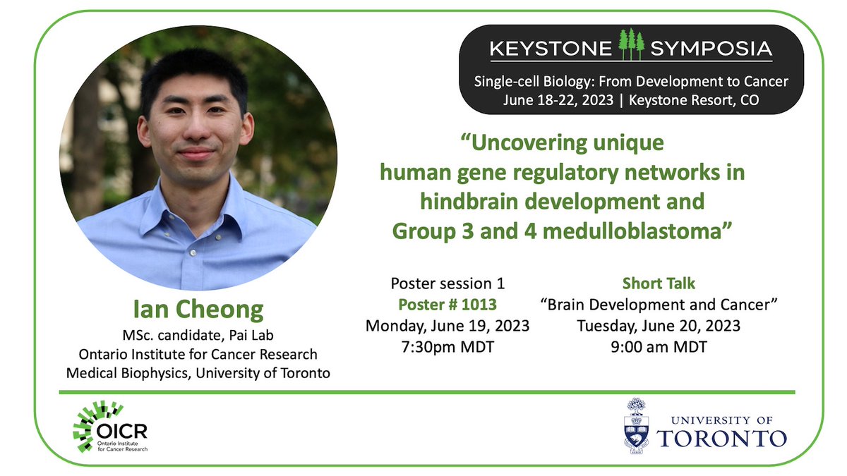 RealPaiLab's tweet image. We're at the #SingleCell Biology #KeystoneSymposium!  Come see Ian Cheong present scRNA-seq analysis to discover human-specific cell states in #braindevelopment + their potential link to #medulloblastoma. 
Visit Poster 1013 7:30pm MDT Mon  AND/OR
Catch Ian's talk 9:00am MDT Tue!