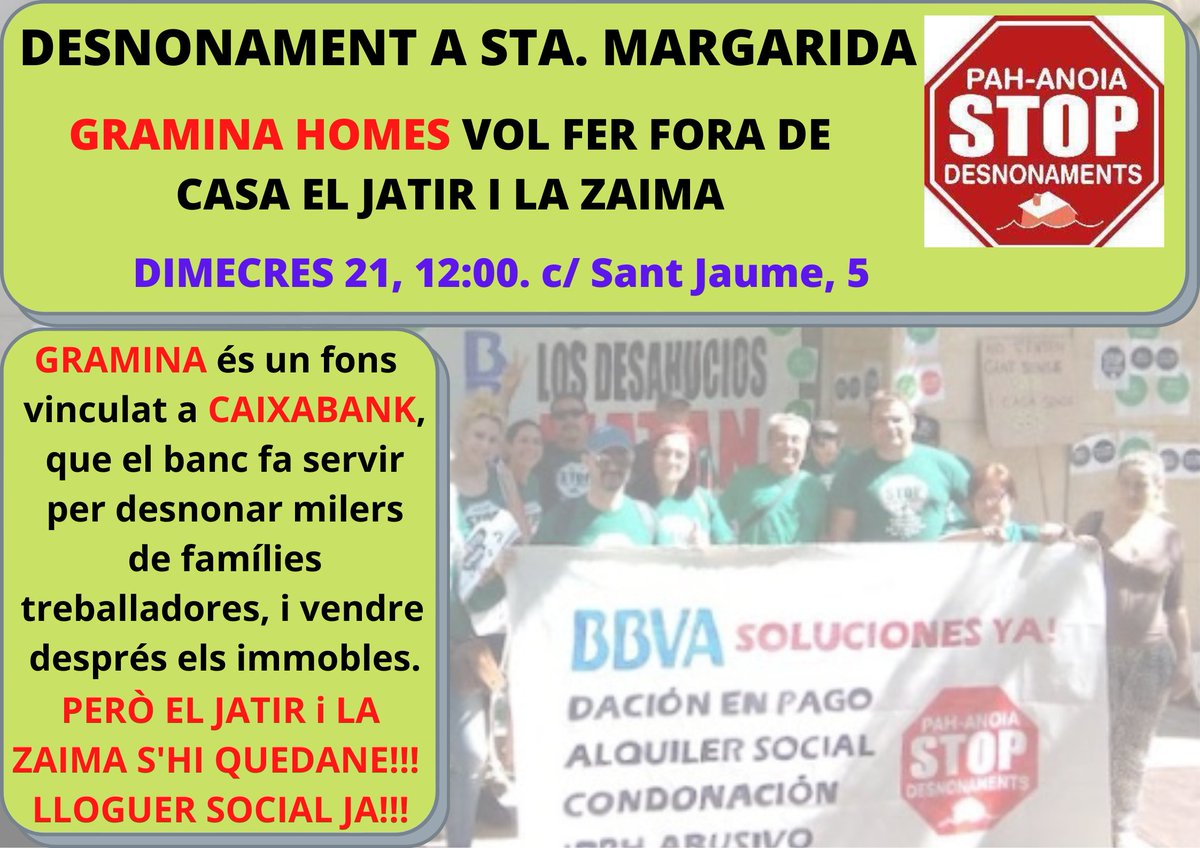 🚨[URGENT] DESNONAMENT A STA MARGARIDA DE MONTBUI 🚨 GRAMINA HOMES vol fer fora de casa el Jatir (que acaba de ser operat), i la Zaima. Tenen ordre de desnonament dimecres 21, a les 12:00. Us necessitem a totes al c/ St. Jaume de Montbui. En Jatir i la Zaima s'hi queden!!!
