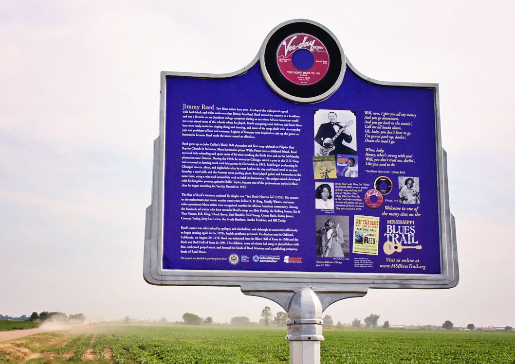 A marker honoring Jimmy Reed was unveiled on June 19, 2008, in Dunleith, Mississippi. One of the most influential blues artists of the 1950s and ‘60s, he was born here on the Shady Dell plantation in 1925.  msbluestrail.org/blues-trail-ma… #visitMS #OTD #jimmyreed