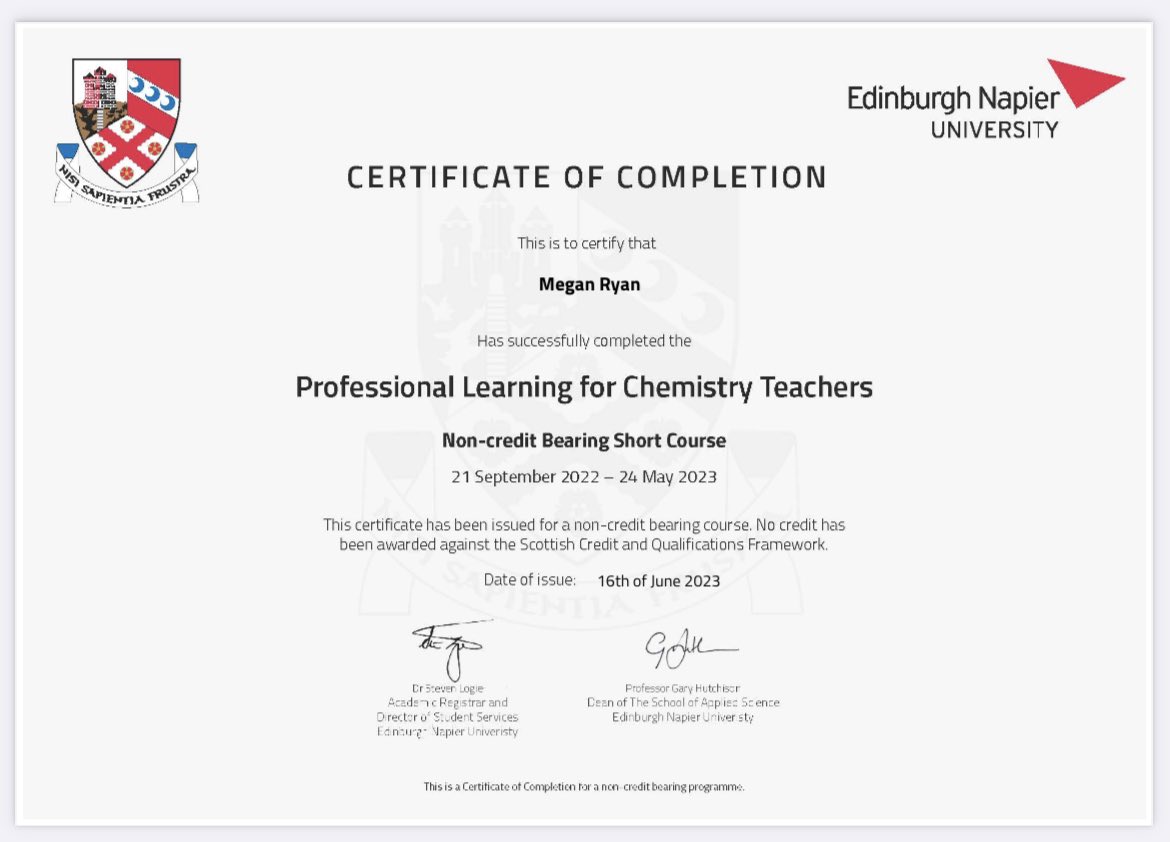 MissRyanBio's tweet photo. Thanks to @ENUTeacherEd for an insightful and engaging course, I would highly recommend this course (and anything led by @colinmcgill for that matter) for any Chemistry teachers out there ☺️ https://t.co/FGwqeFT07L