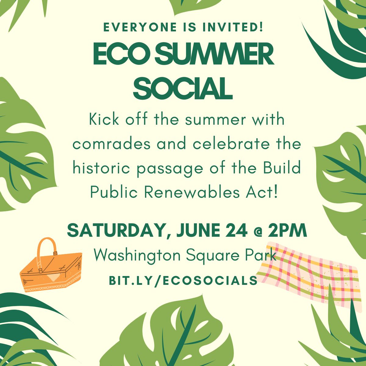 Join us next Saturday to celebrate #BuildPublicRenewables and hang out w/ fellow ecosocialists! New & existing members are welcome!

There will be lawn games, crafting, and snacks, please bring your favorite treats, beverages, and comrades 🌹

RSVP➡️ bit.ly/ecosocials