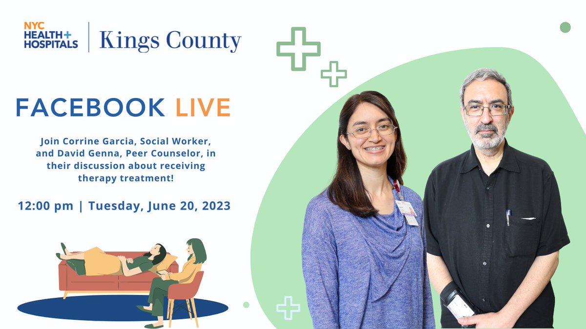 Join @KingsCountyHosp on #FacebookLive as we dive into the transformative power of therapy treatment with subject matter experts Corrine Garcia, Social Worker, and David Genna, Peer Counselor! Taking place tomorrow, June 20th at 12pm! 👍 #WeAreKings on.nyc.gov/3qFnvEu